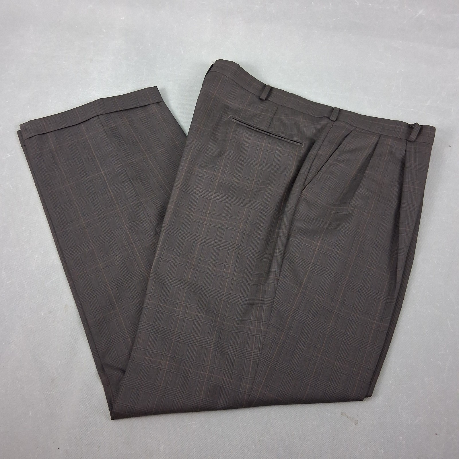 Vintage Ron Chereskin Double-Breasted Suit 42R Mens Brown Wool Check 35×31