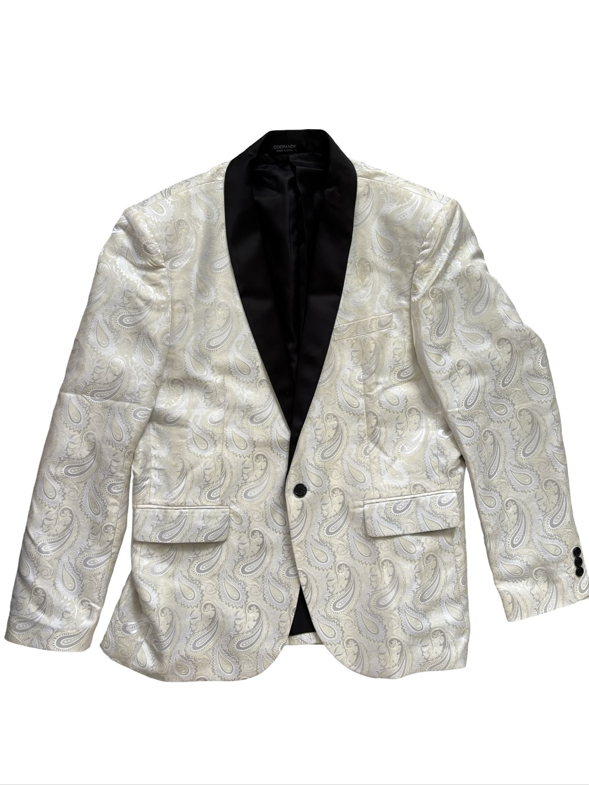 COOFANDY Mens White Paisley Tuxedo Jacket Satin Shawl Lapel Blazer Sz L
