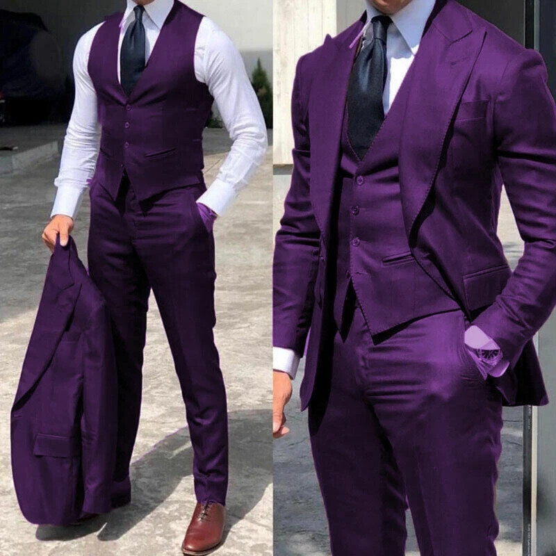 3Pcs Men Suits Peak Lapel Formal Business Office Party Groom Tuxedos Slim Fit