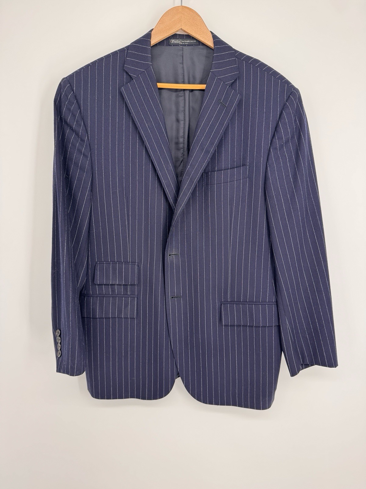 Vtg Polo Ralph Lauren 44R Blazer Navy Pinstripe 3 Button Wool Jacket Made Italy