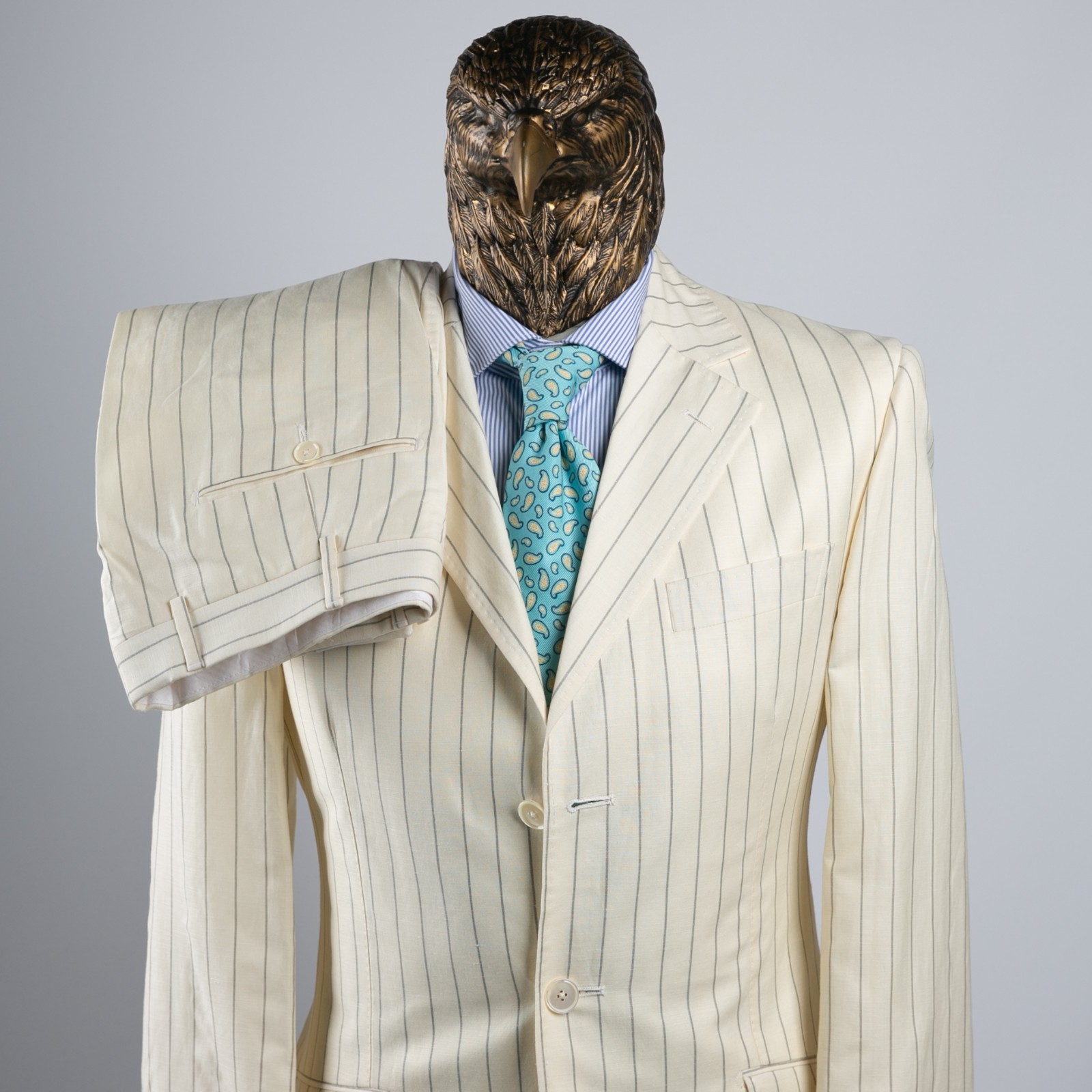 NWT $3250 PATRICK HELLMANN Wool and Linen Striped Suit Ivory 42US/52IT SHORT