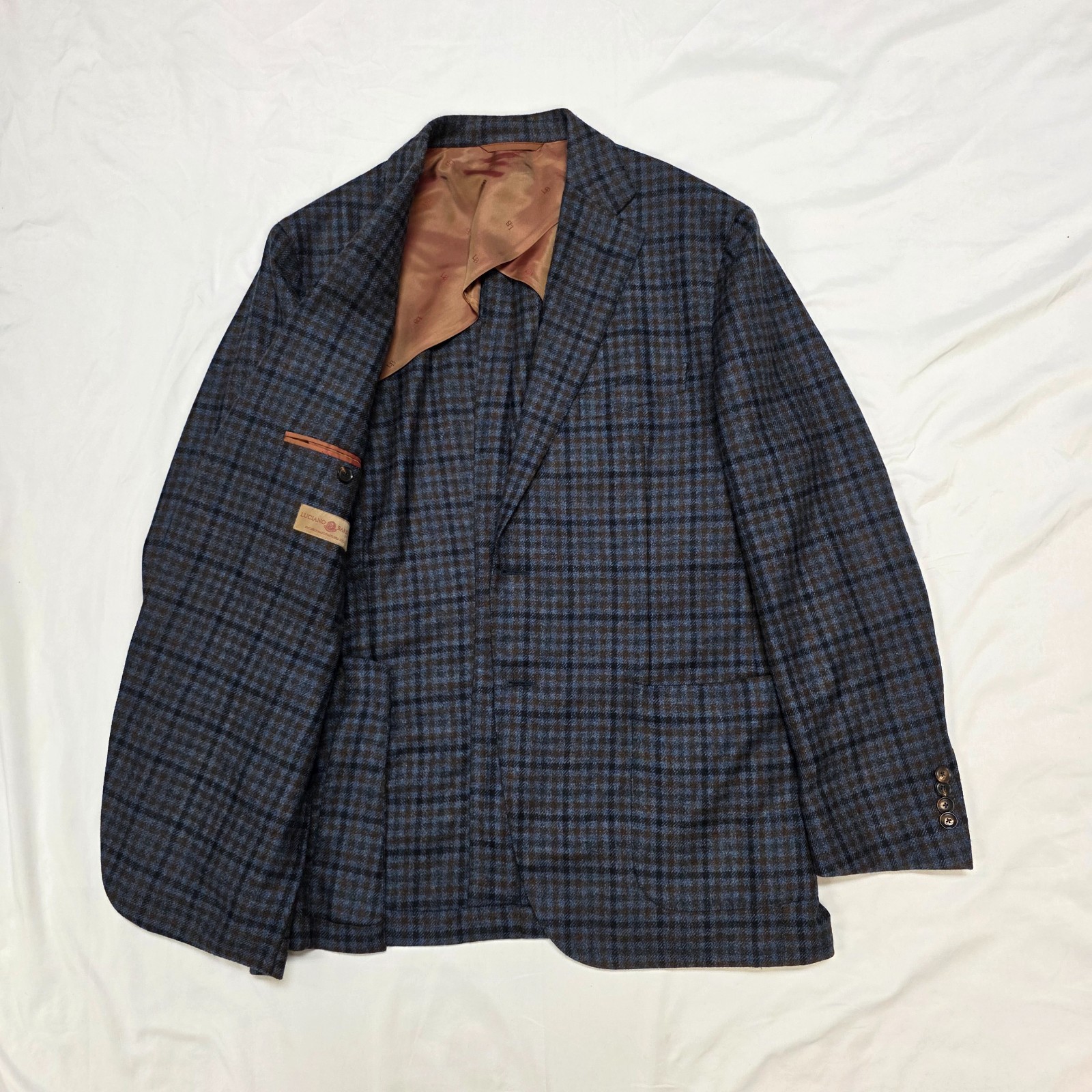 NWOT Luciano Barbera 100% CASHMERE Blazer Mes US 44 EU 54 Blue Rust Brown CHECK