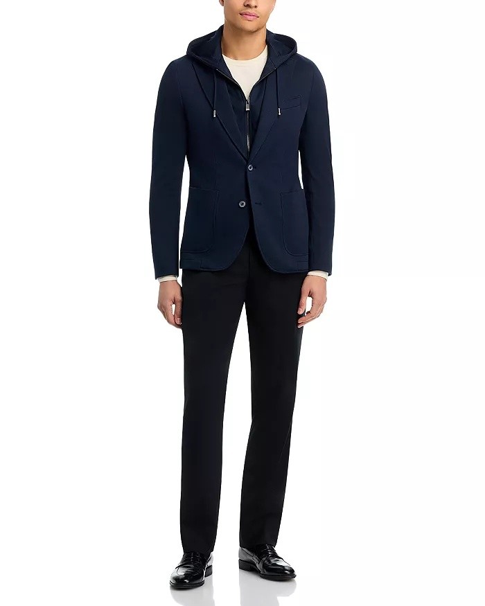HUGO BOSS Hanry Slim Fit Jersey Sport Coat Removable Hood Size 44 R Navy Blue