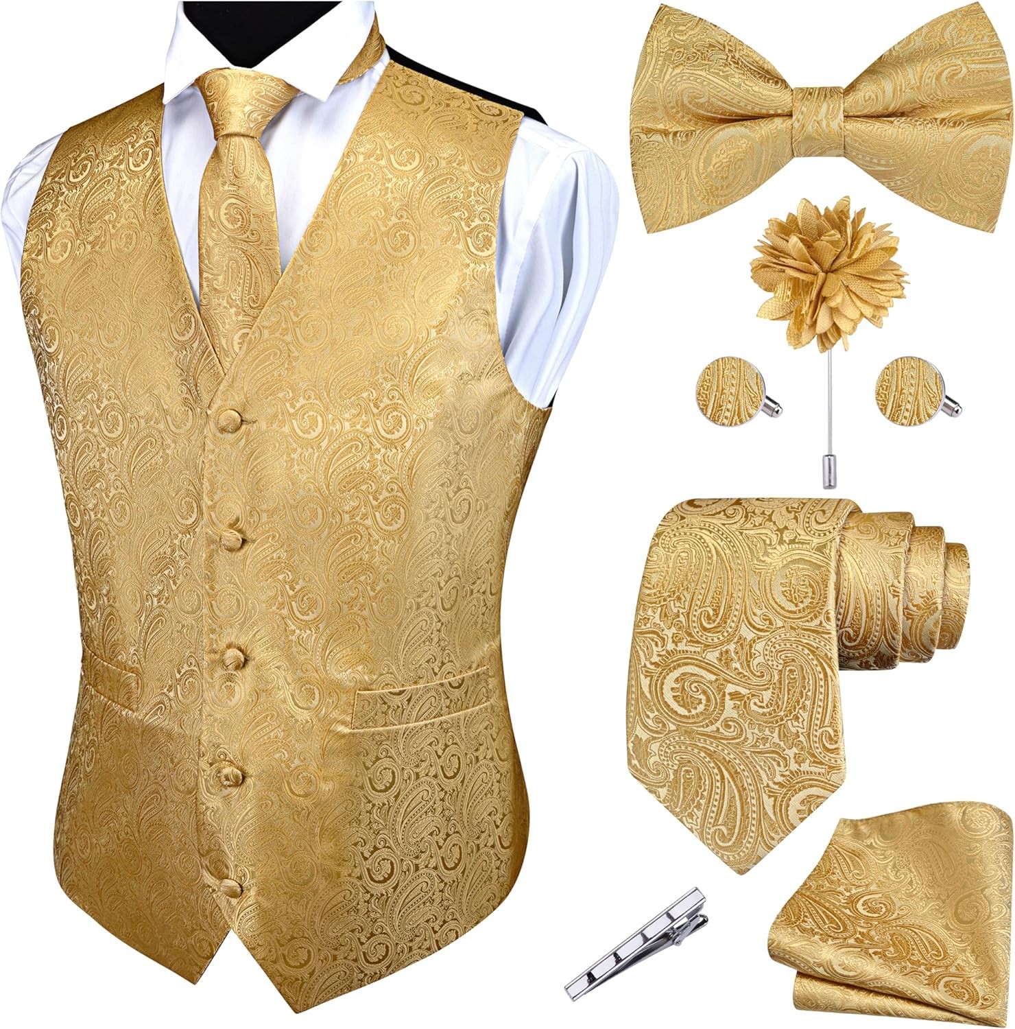7PC Men’s Formal Paisley Jacquard Vest Tie Set Wedding Business Party Waistcoat