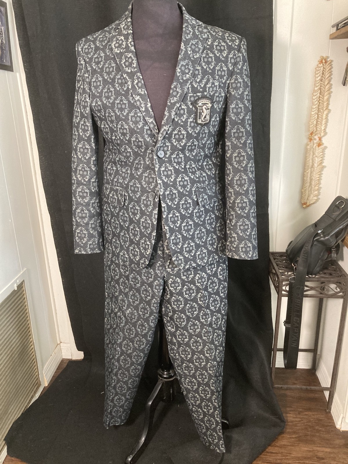 Trendy Dark Gray Denim Brocade Custom Made Suit With Skull Pattern Size 38