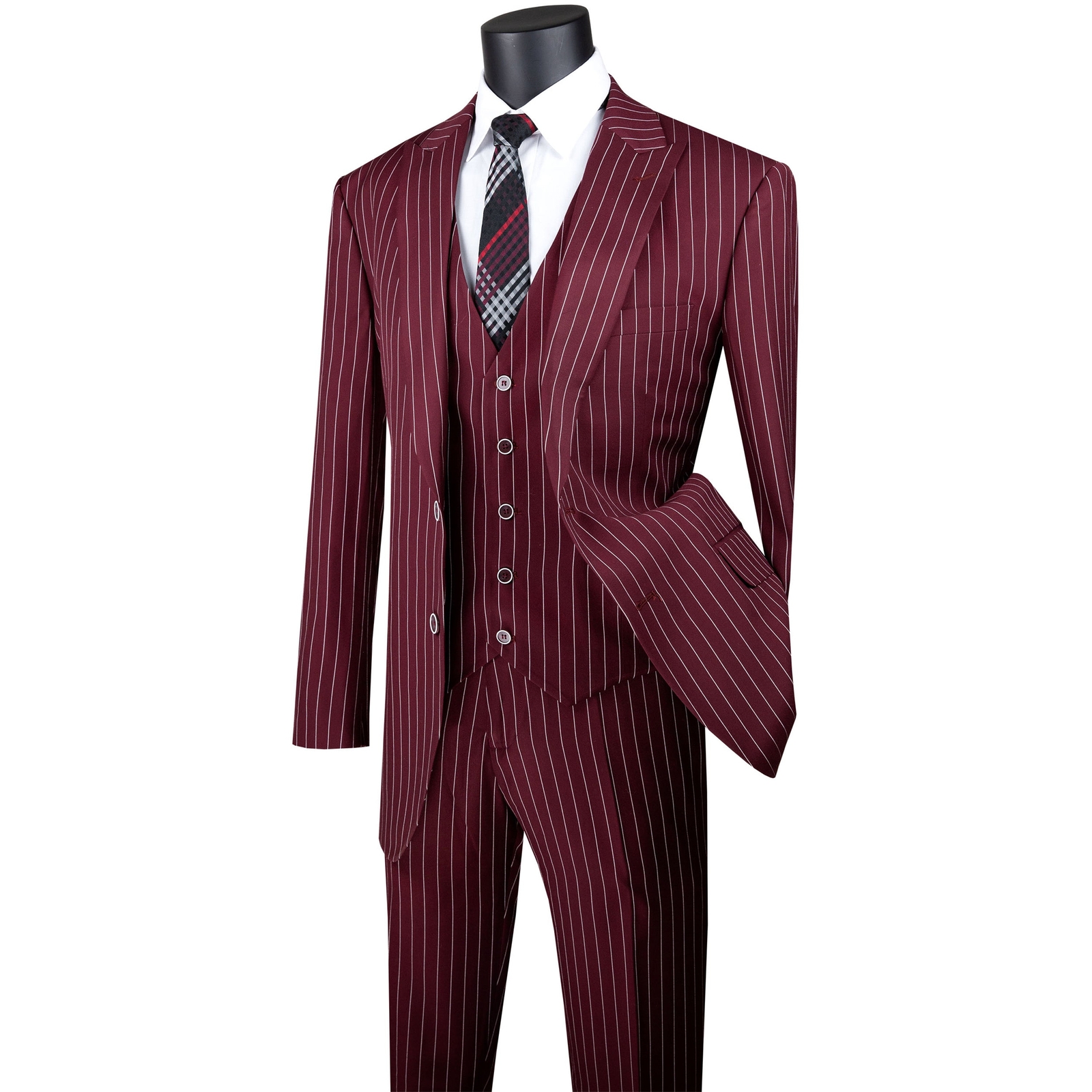 VINCI Men’s Burgundy Gangster Stripe 3-Piece Classic-Fit Suit – NEW