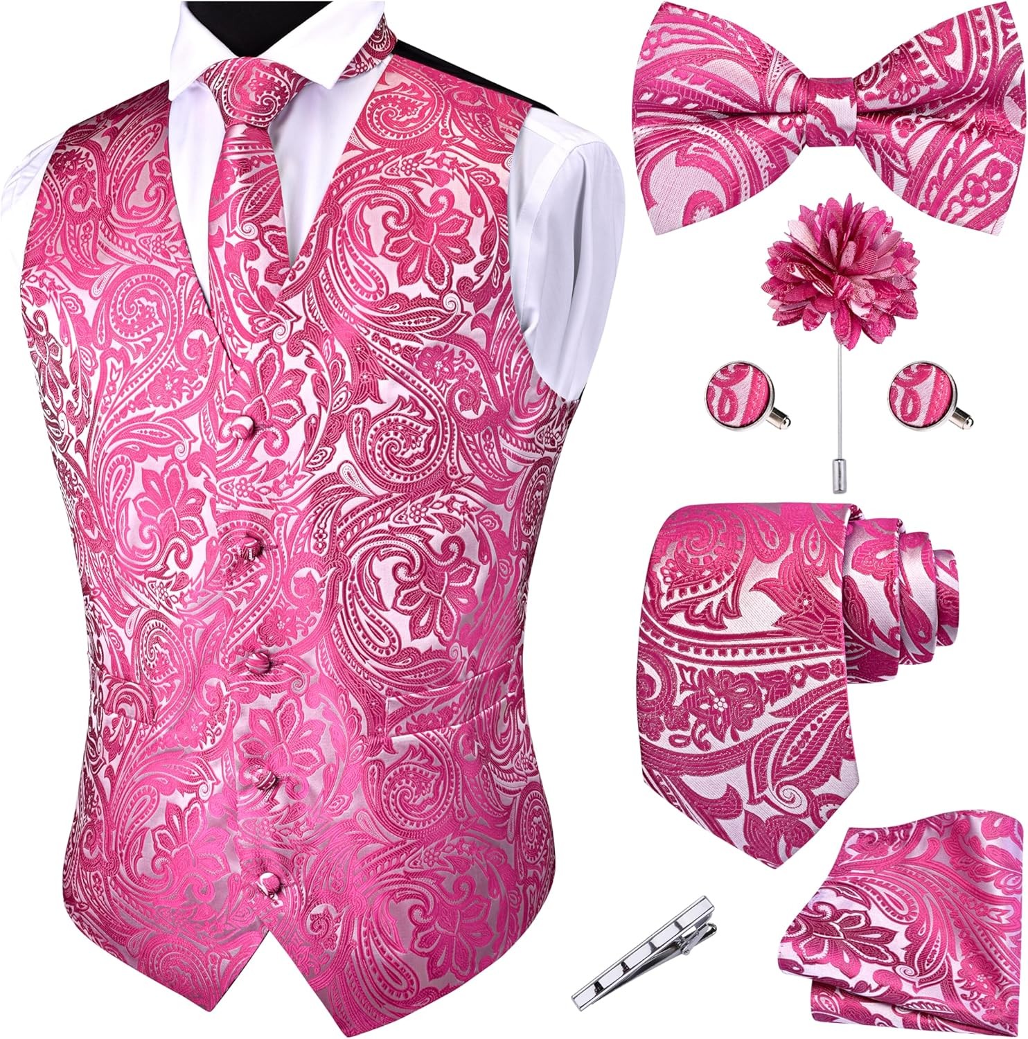7PC Men’s Formal Paisley Jacquard Vest Tie Set Wedding Business Party Waistcoat