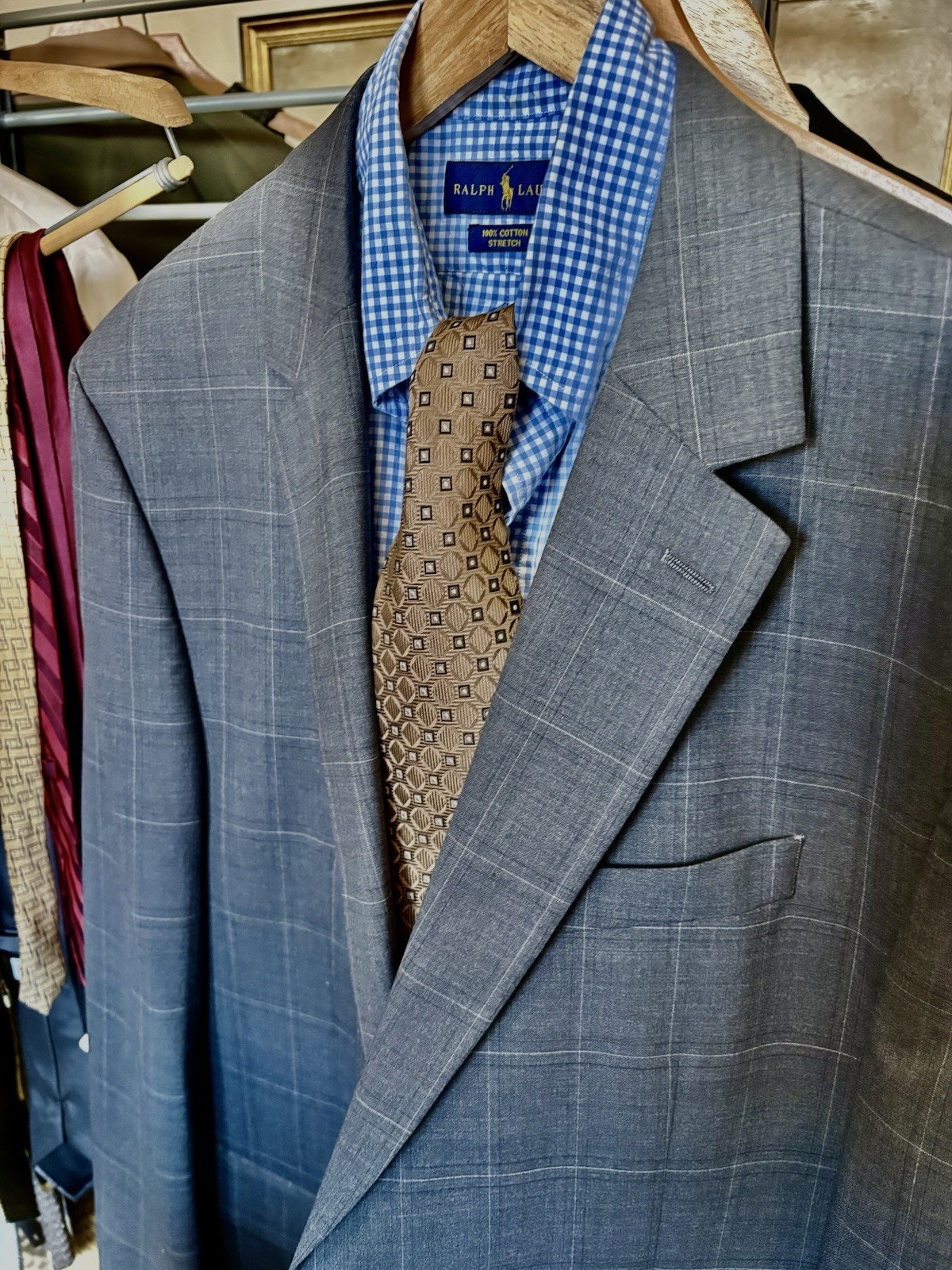 Perry Ellis Portfolio Modern Fit Gray Plaid Suit Jacket 46L Wool Blend 2Btn