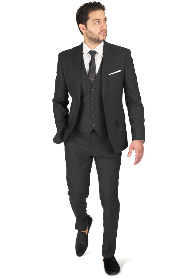 Slim Fit Black Suit Micro Textured 2 Button Notch Lapel Vest Optional AZAR 11812