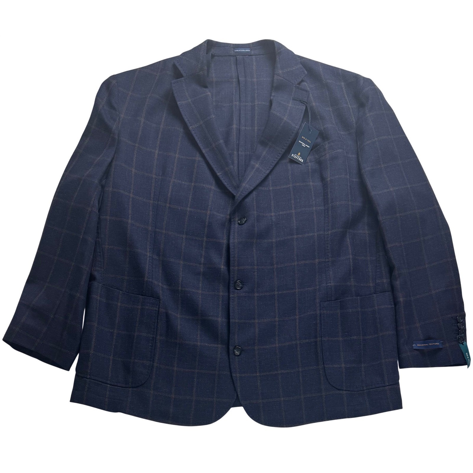 Stafford Big & Tall Navy Windowpane Wool Blend Sport Coat Blazer 54L New