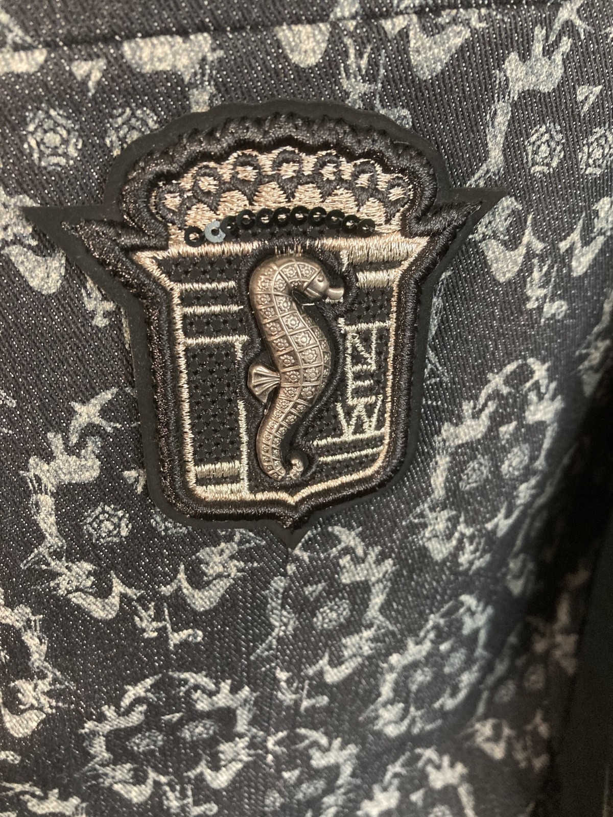 Trendy Dark Gray Denim Brocade Custom Made Suit With Skull Pattern Size 38