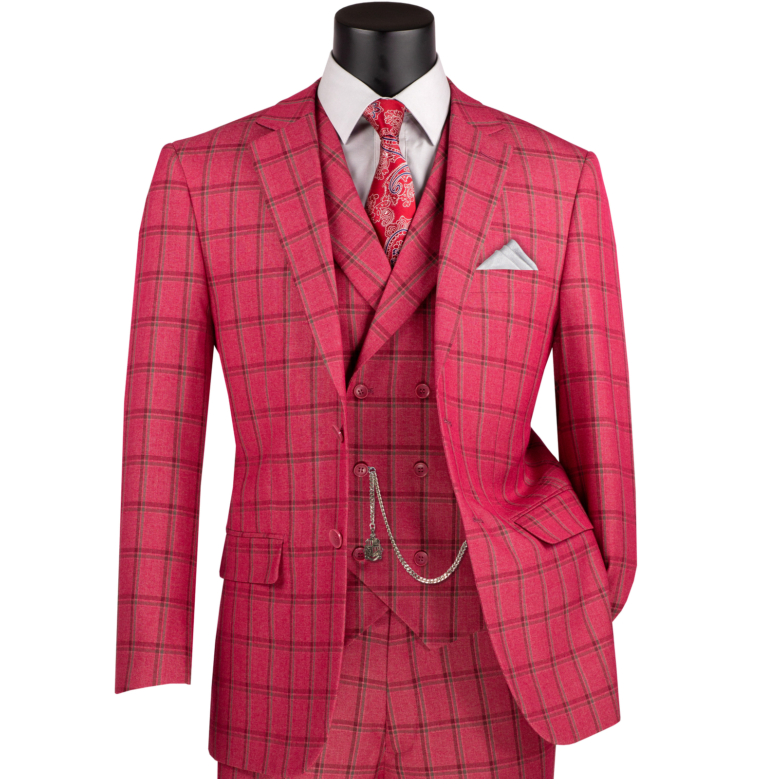 VINCI Men’s Windowpane 3-Piece Suit 38S-56L, 6 Colors, Modern Fit – NEW