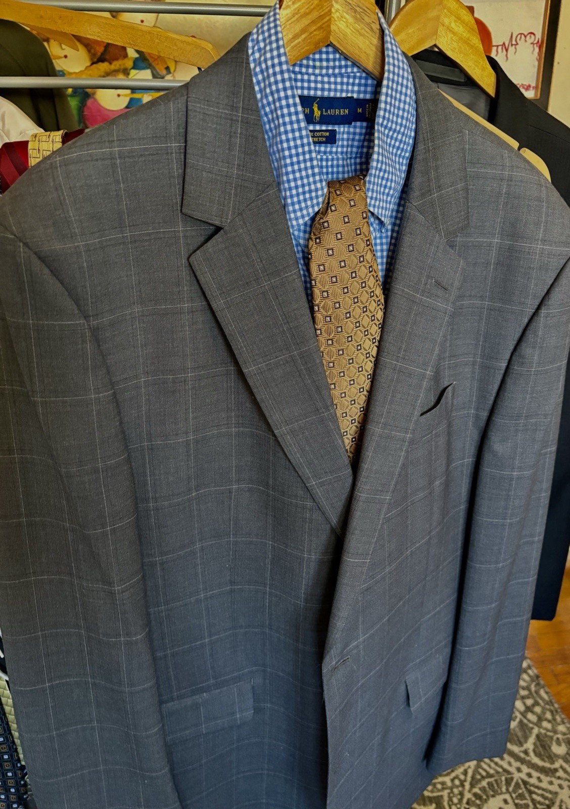 Perry Ellis Portfolio Modern Fit Gray Plaid Suit Jacket 46L Wool Blend 2Btn