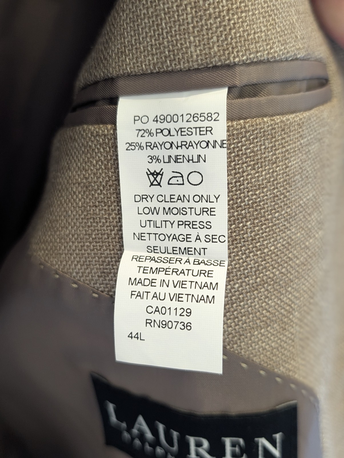 Lauren Ralph Lauren Lexington Tan Sz 44L Ultraflex Poly Rayon Linen NWT