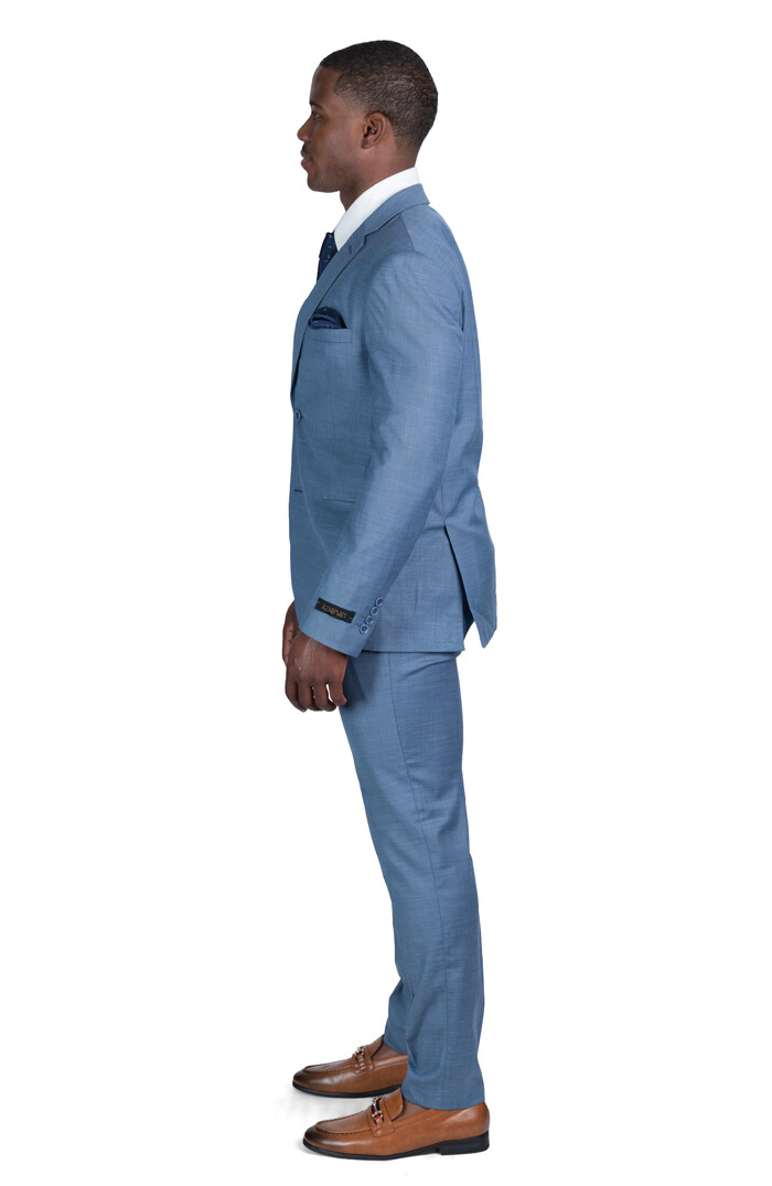 Slim Fit 2 Button Men Solid Slate Blue Suit Notch Lapel Flat Front AZAR 10036