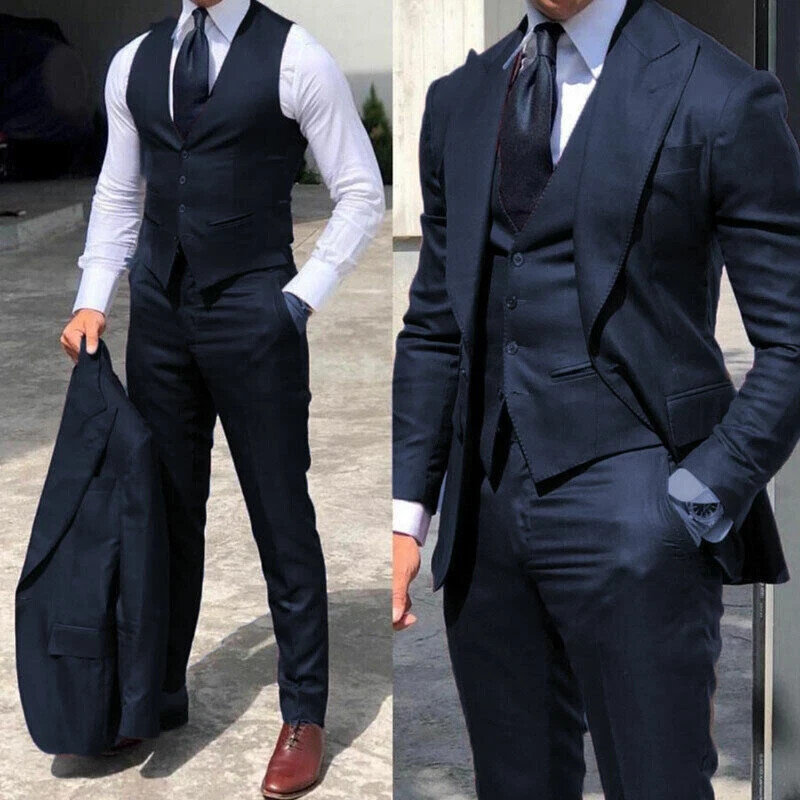 3Pcs Men Suits Peak Lapel Formal Business Office Party Groom Tuxedos Slim Fit