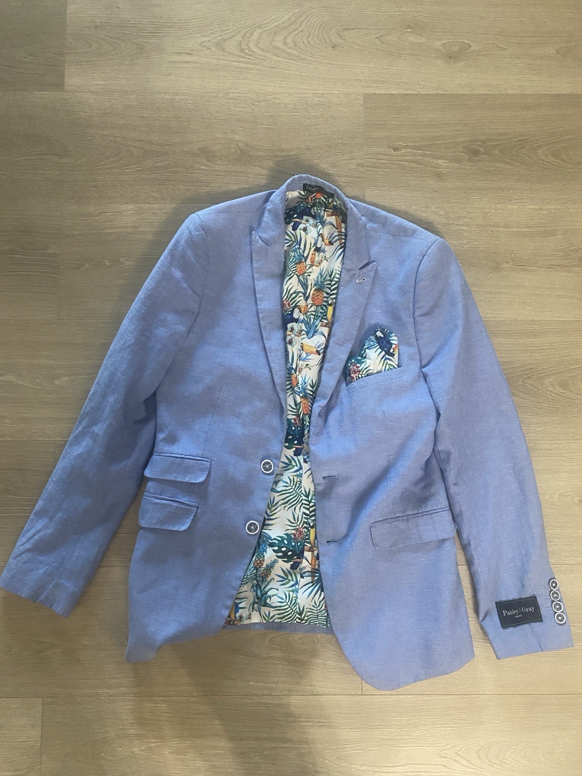 Paisley & Gray Sky Blue Blazer 36R Linen Blend Tropical Lining W/ Pocket Square