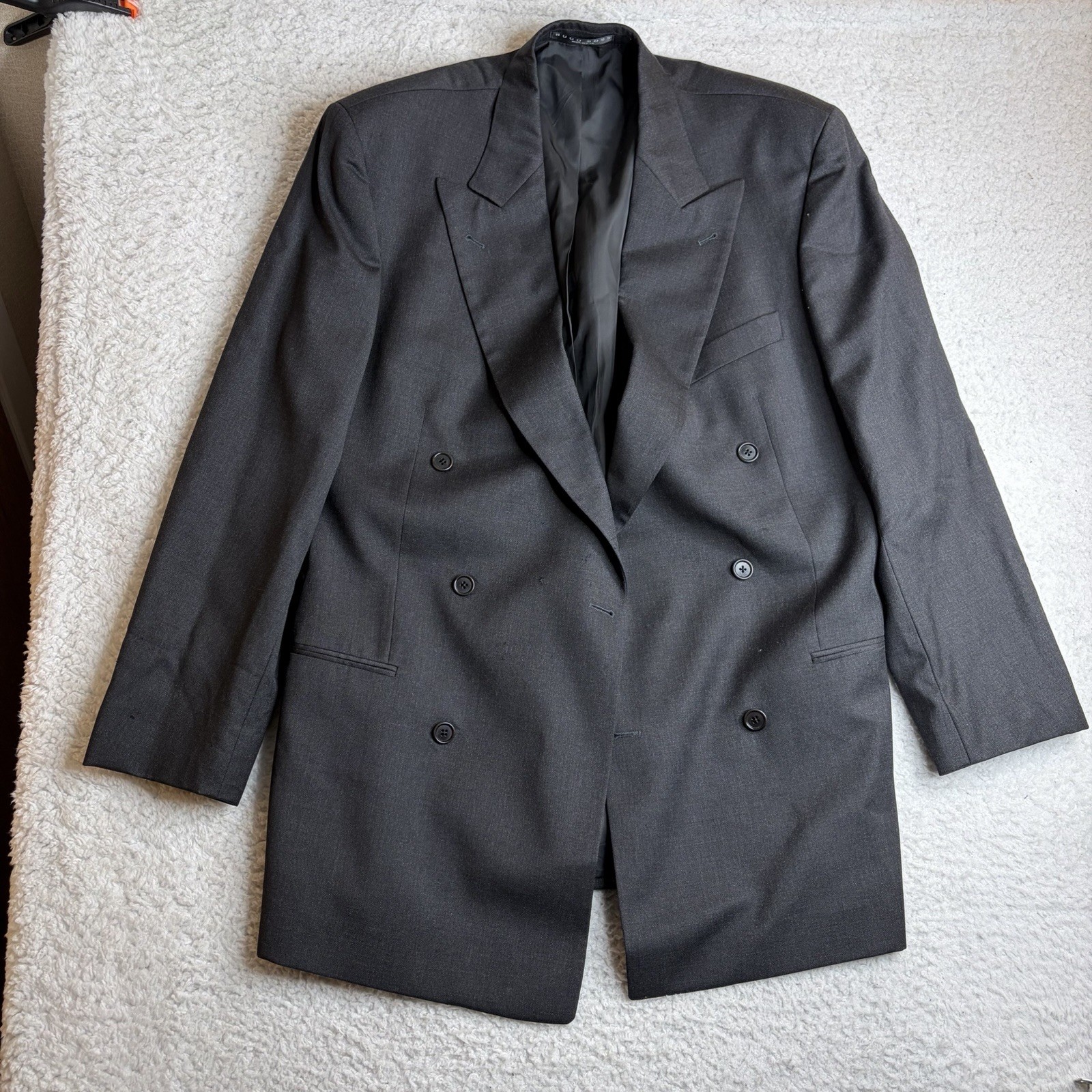 Vintage 1983 HUGO BOSS 44L/36×31 Double Breasted Peak Lapel Wool Suit USA