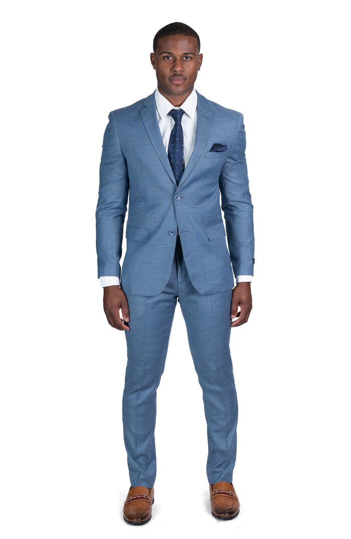 Slim Fit 2 Button Men Solid Slate Blue Suit Notch Lapel Flat Front AZAR 10036
