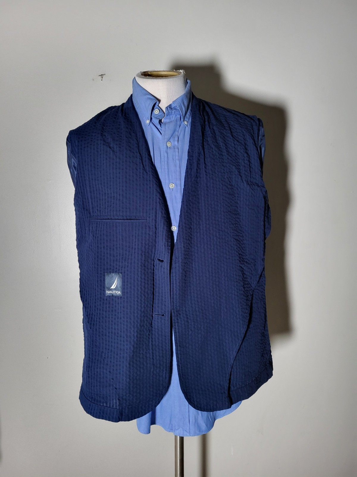 Nautica L Large 44 Navy Blue Black Striped cotton Seersucker sport Blazer Jacket