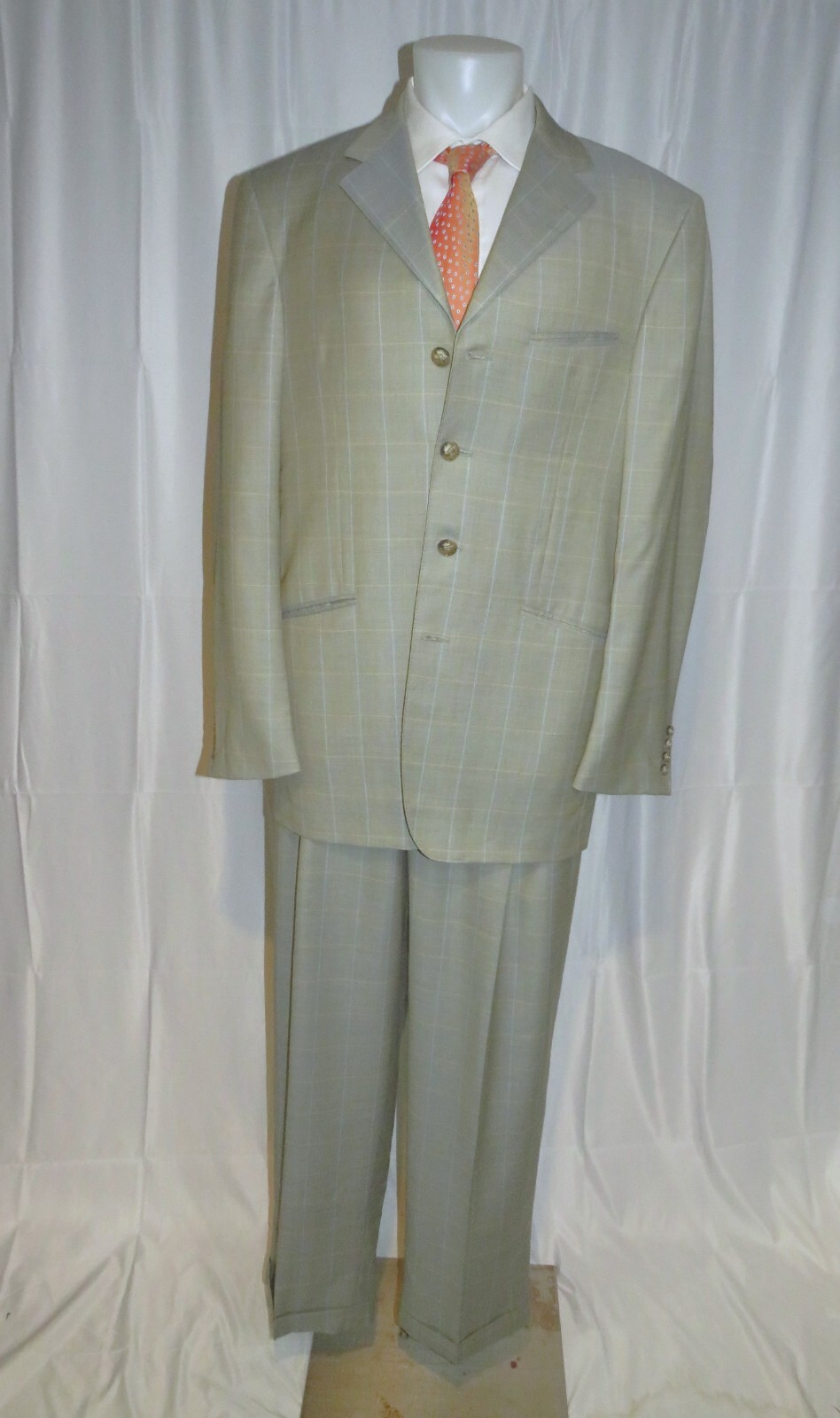 Raphael Wardrobe Design Pale Green Plaid Bespoke Four Button Zoot Suit 44XL