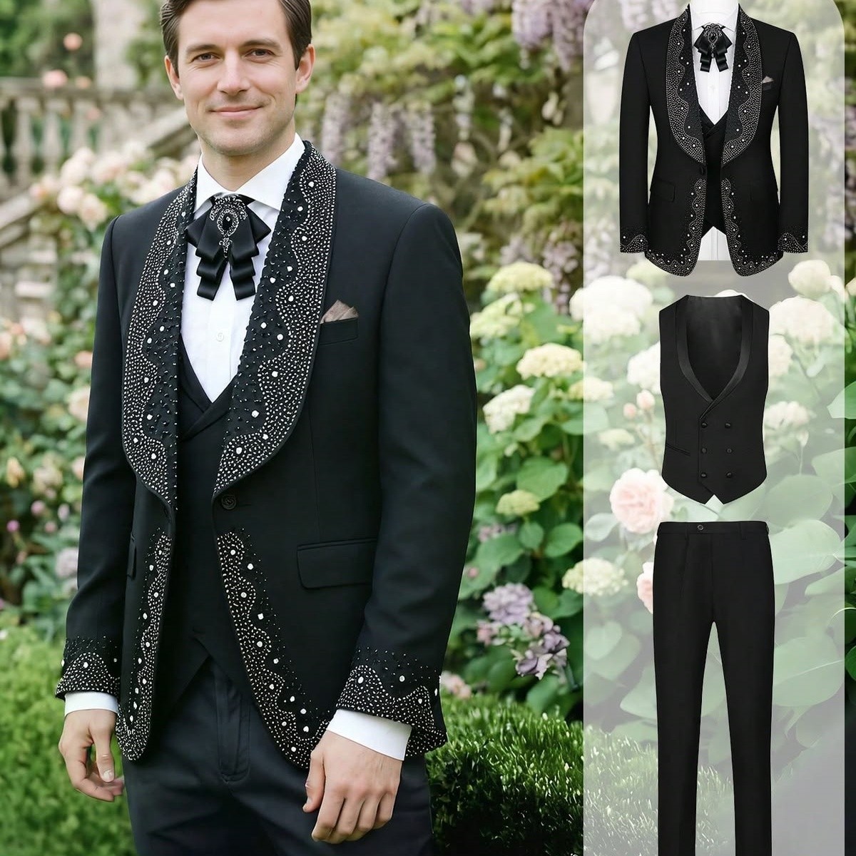 Black Wedding Grooms Suits Beading Coat 3Pcs Formal Dinner Party Men’s Jacket