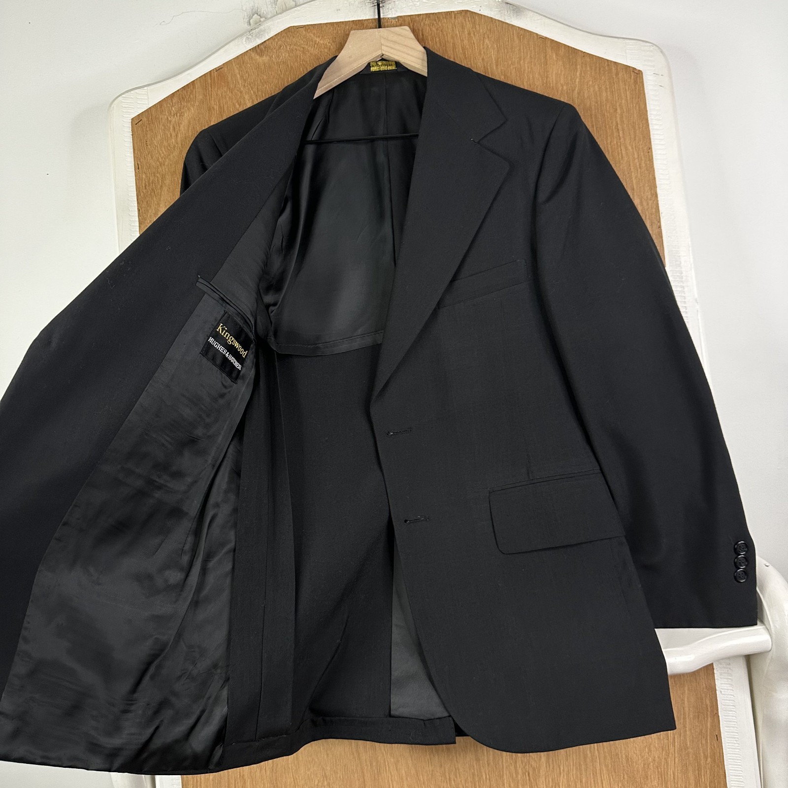 VTG Hughes & Hatcher Suit Mens 38R Black 2 Button Wool 32×28 Wide Notch 1960s