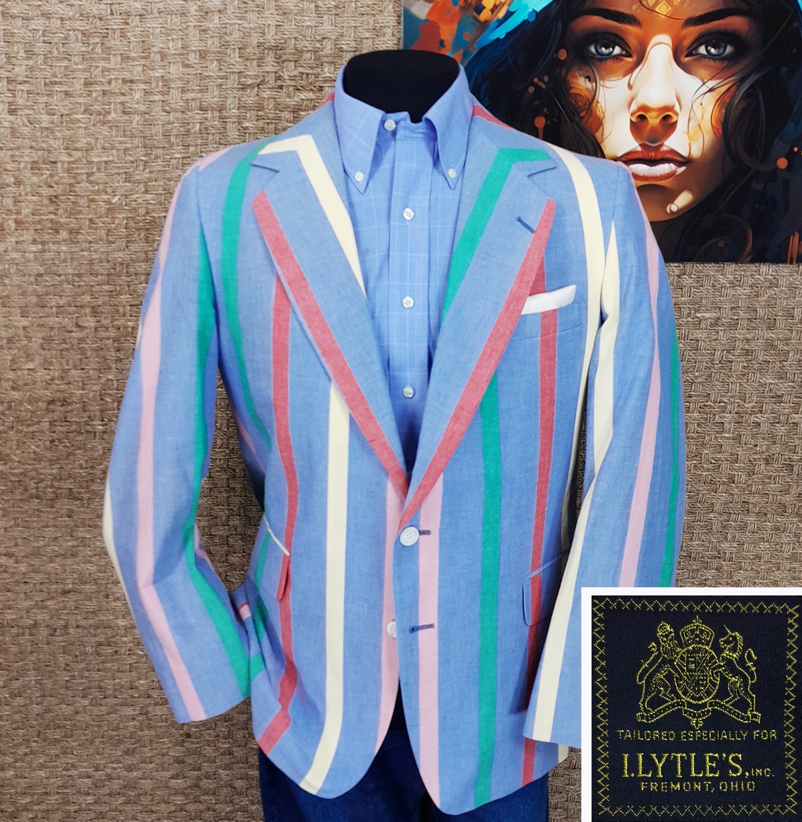 LYTLE’S 42 R SPRING/SUMMER Cotton Sport Coat Blue Pink White Red & Green Striped