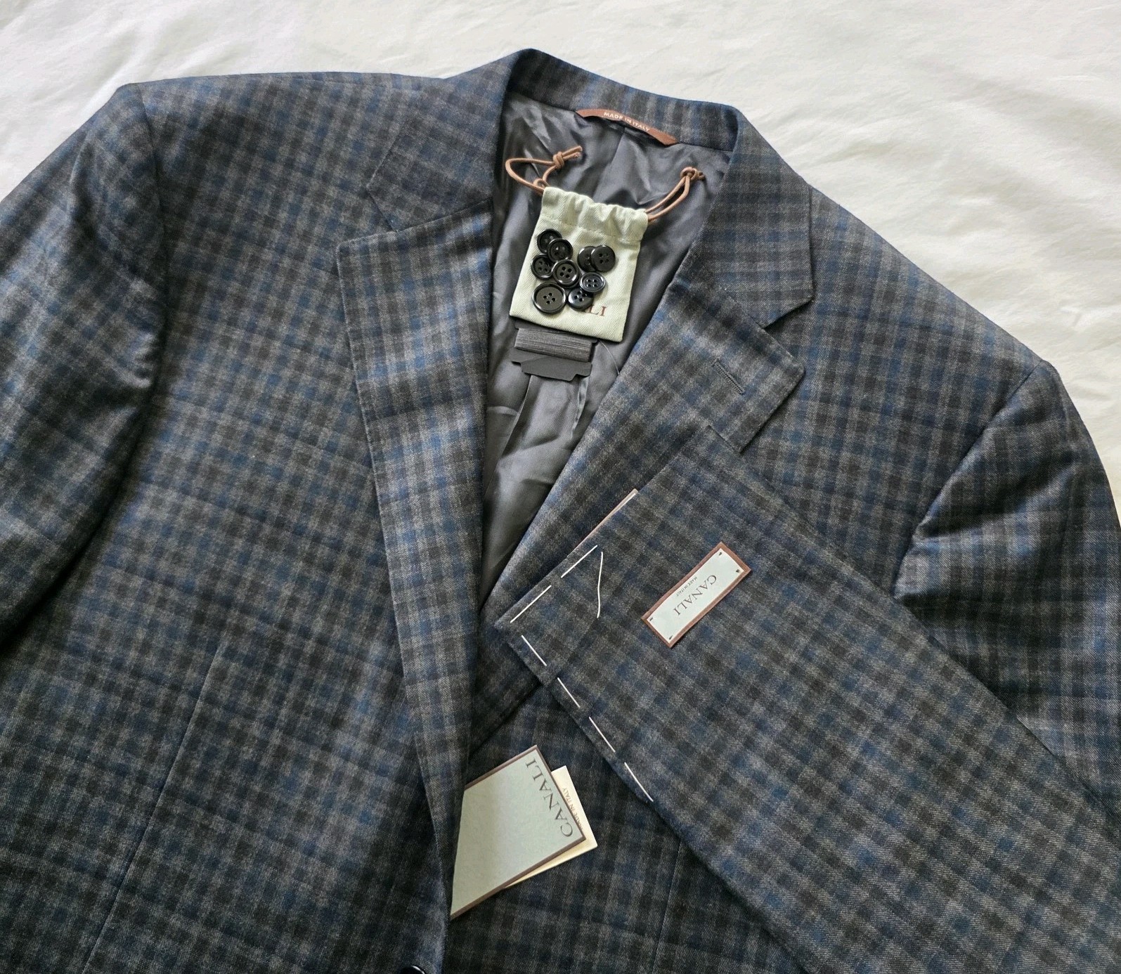 Canali 1934 NWT Gray and Blue Check Wool Stretch Sport Coat Blazer IT 56 US 46