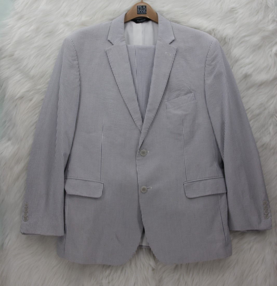 Jos A Bank 46R 40×31 Seersucker Suit Striped Jacket Pants Blue Coastal Preppy