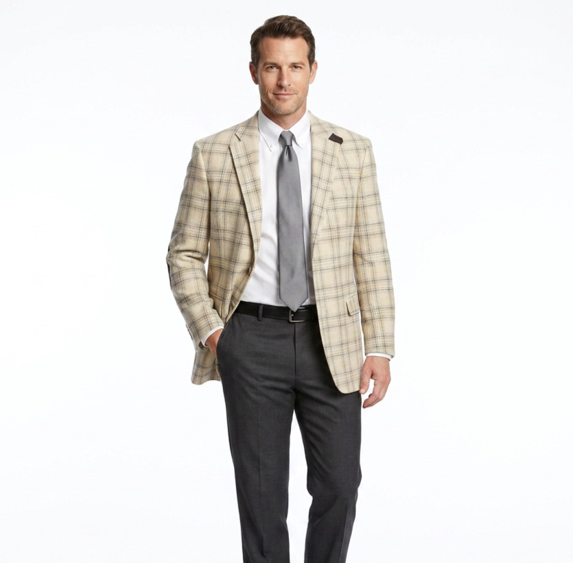 Paul Fredrick Hunting Elbow Ivory Window Pane Wool Tweed 40R Jacket Sport Coat