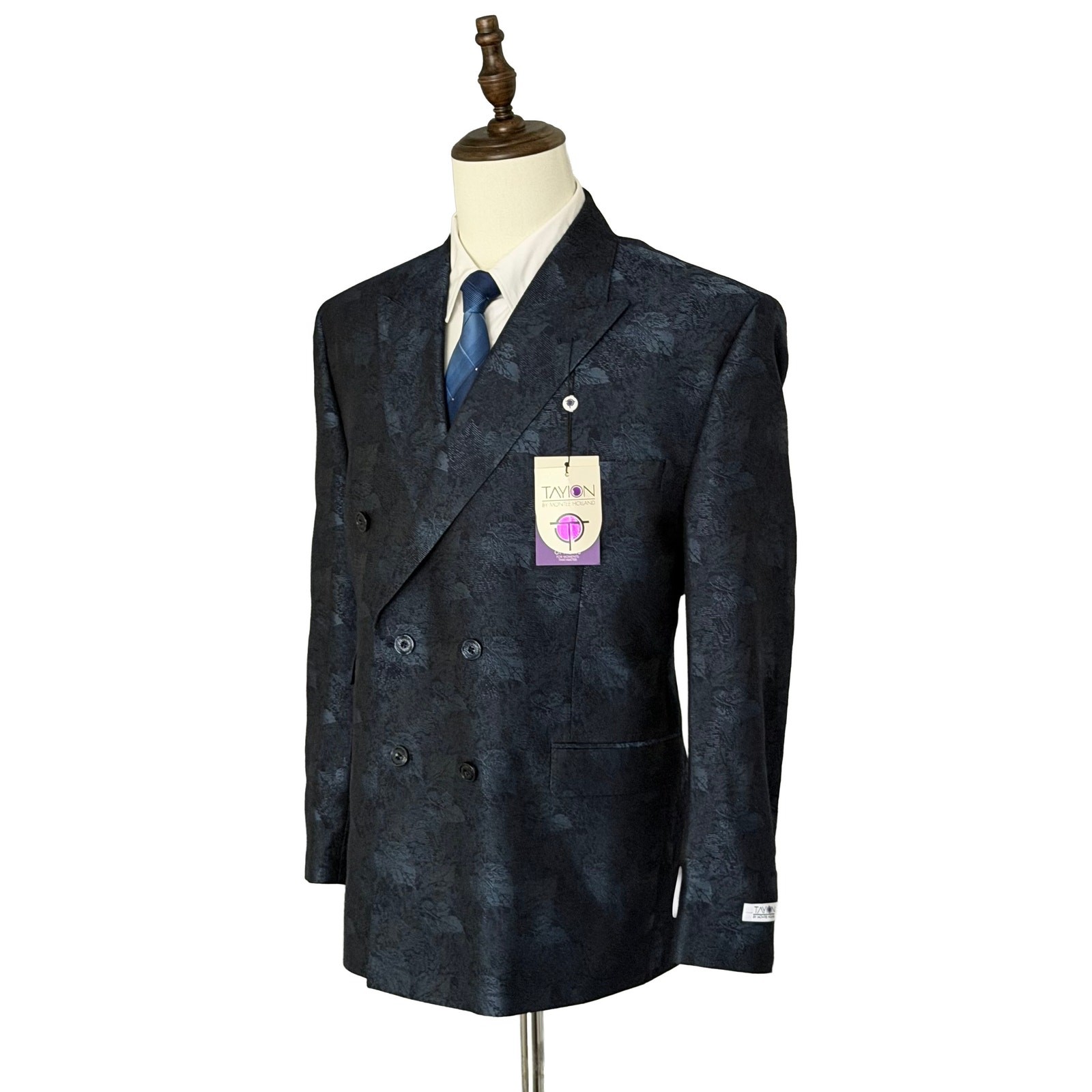 Tayion Sport Coat Men’s 44 Short Double-Breasted Jacquard Blue Navy NWT