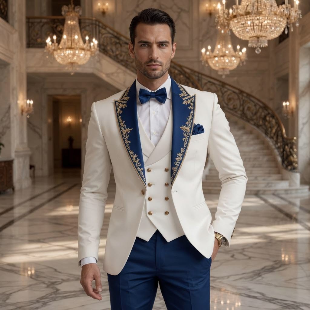 3Pcs Men’s Suits Peak Lapel Coat Formal Prom 3Pcs Wedding Gold Appliques Jacket