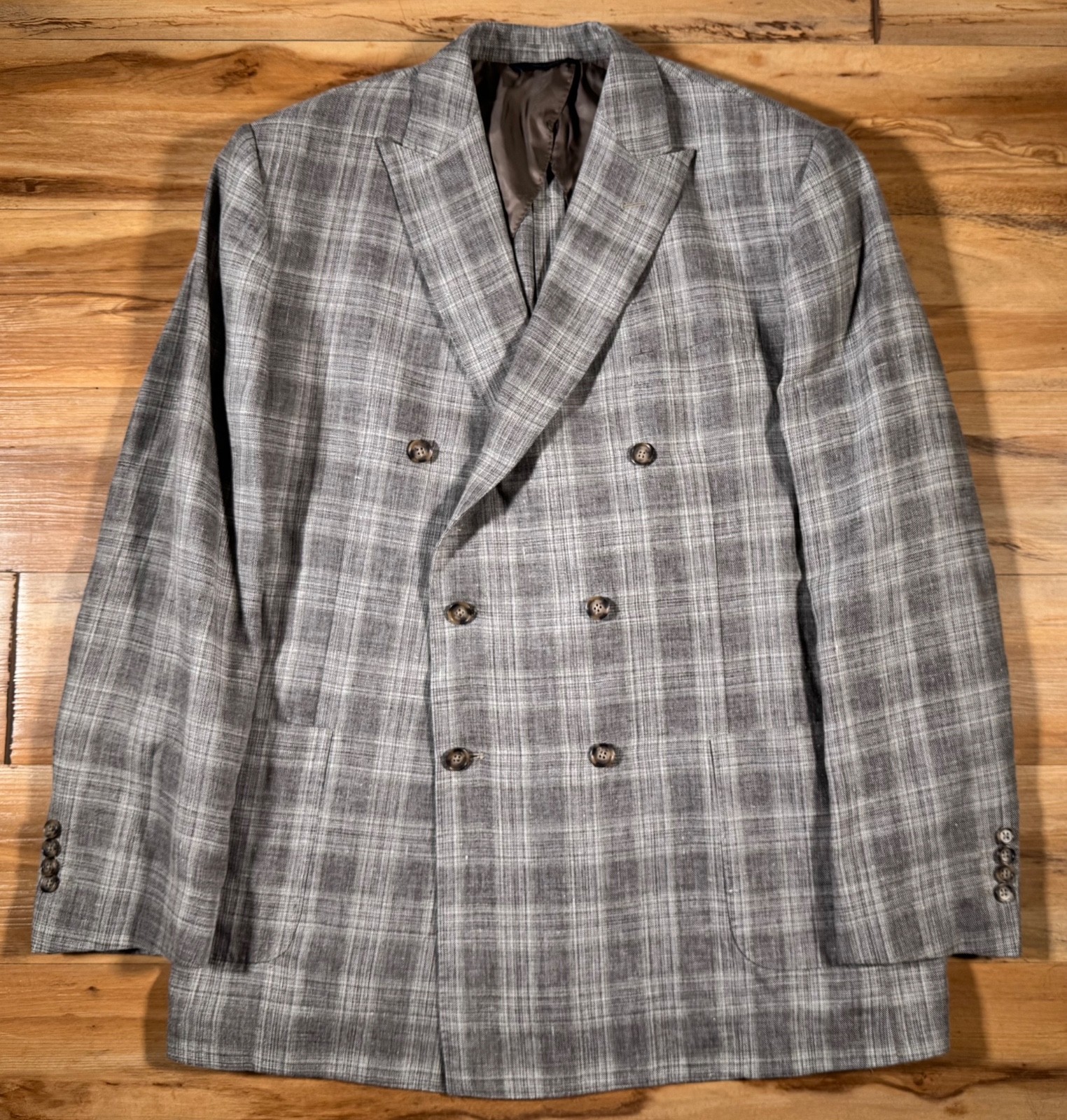Brooks Brothers Regent Taupe Brown Plaid Linen Wool Dbl Breast Peak Lapel SC 48L