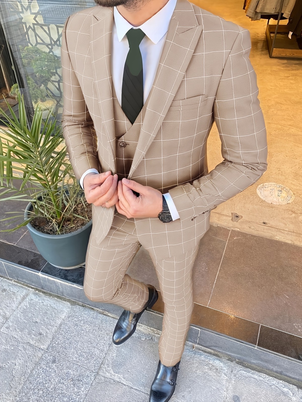 Mens 3Pcs Plaid Suits Wedding Groom Bestman Party Prom Tuxedo Suit Blazer Pants