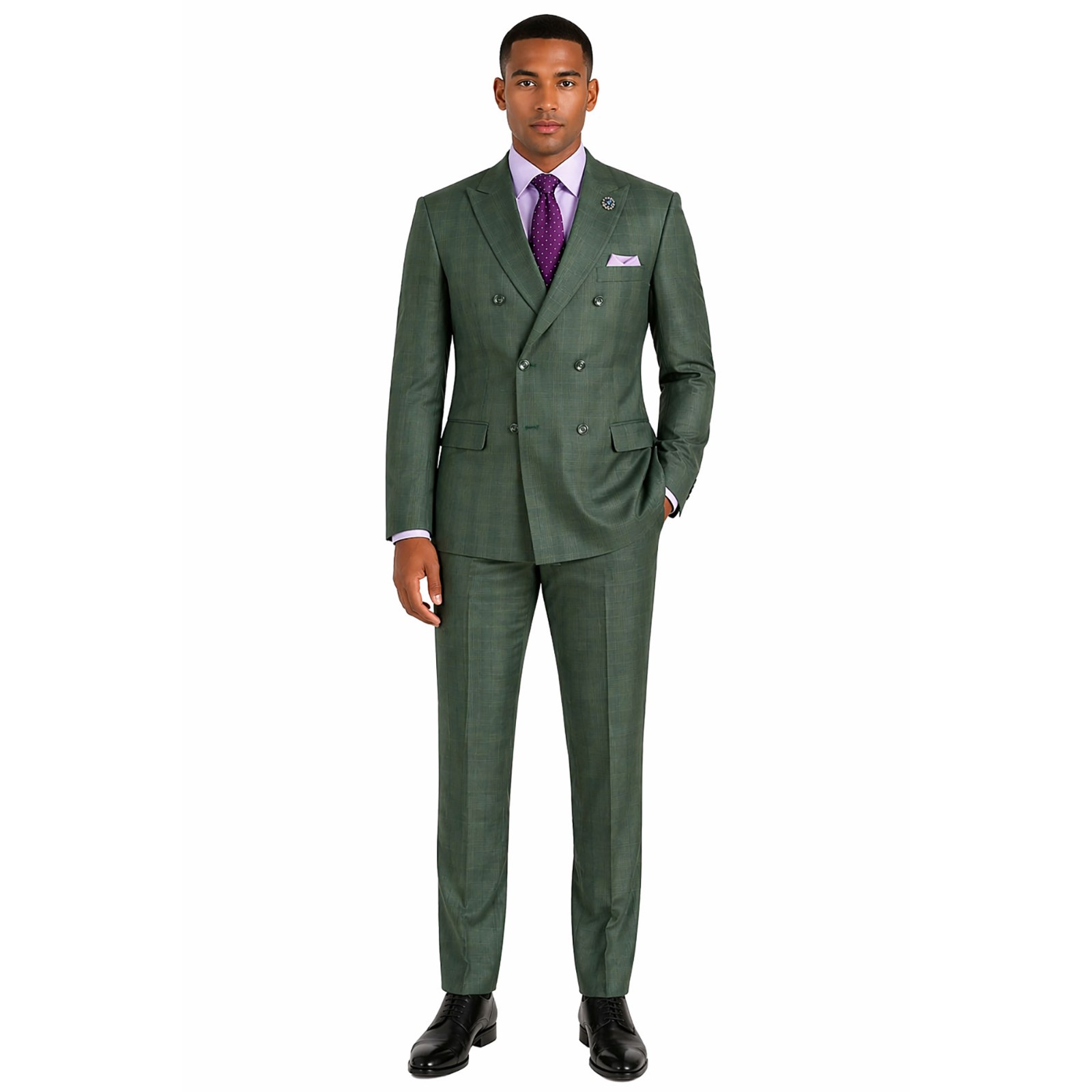 Men’s Double Breasted Glen Plaid Suit 6×2, Regular-Fit, Adjust Waist, Free Socks