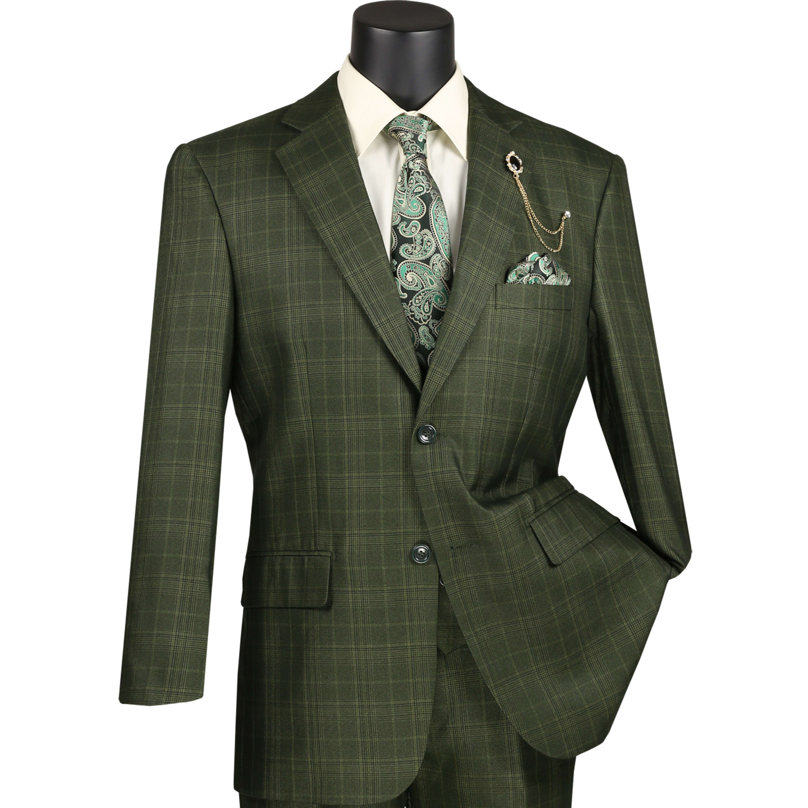 VINCI Men’s Olive Sharkskin Glen Plaid 3 Piece Suit, Reg Fit – NEW