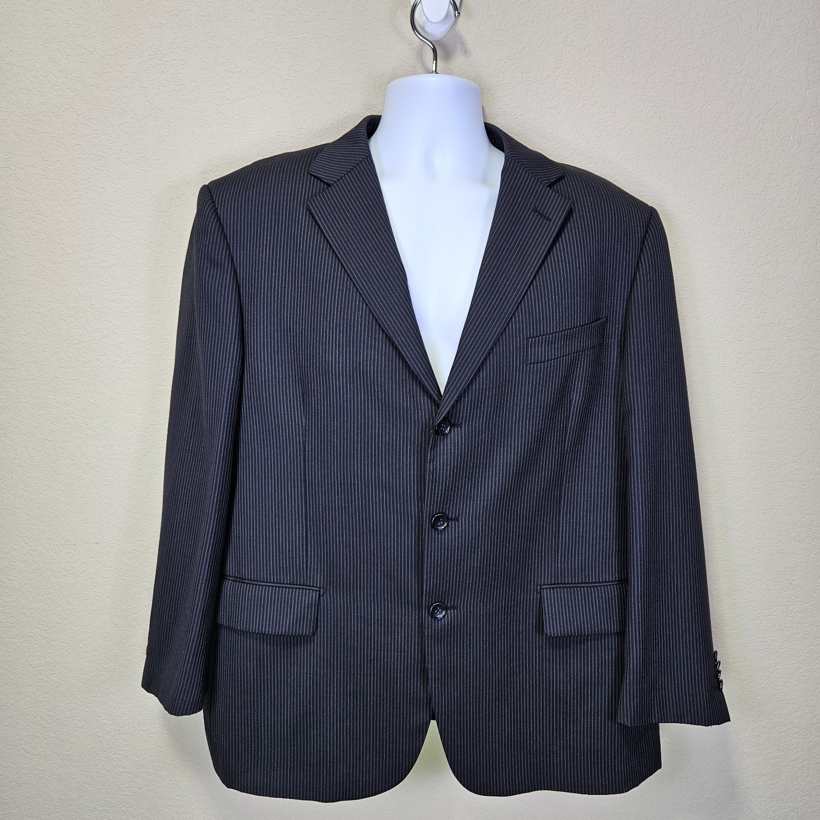 Merino Wool Italian Blazer Mens 46R Black Pinstripe Super 140s Jacket Interview
