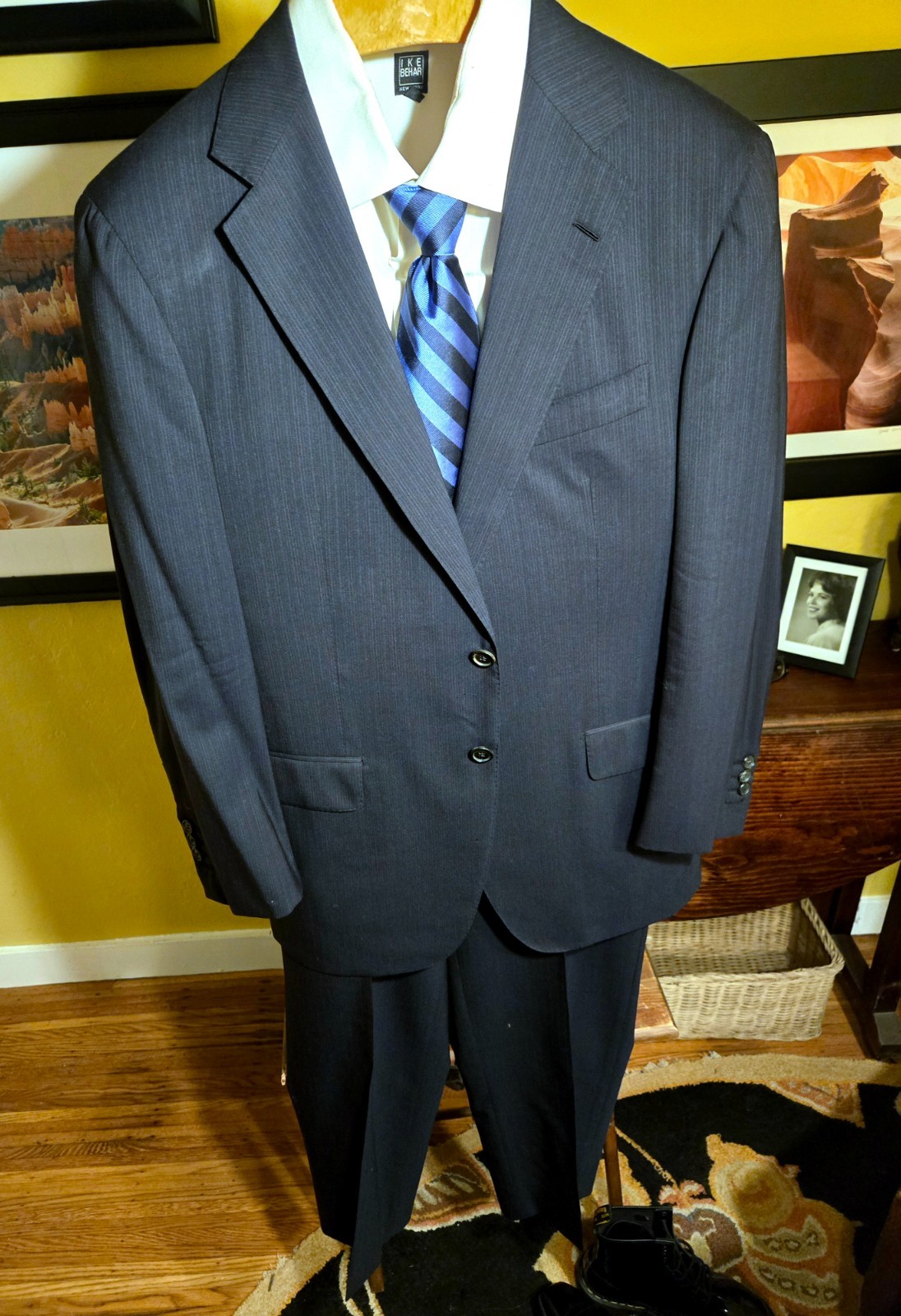 Lanvin Couture 15 Faubourg Suit, Blue Stripe, Surgeon’s Cuffs, Flat Front, 42R