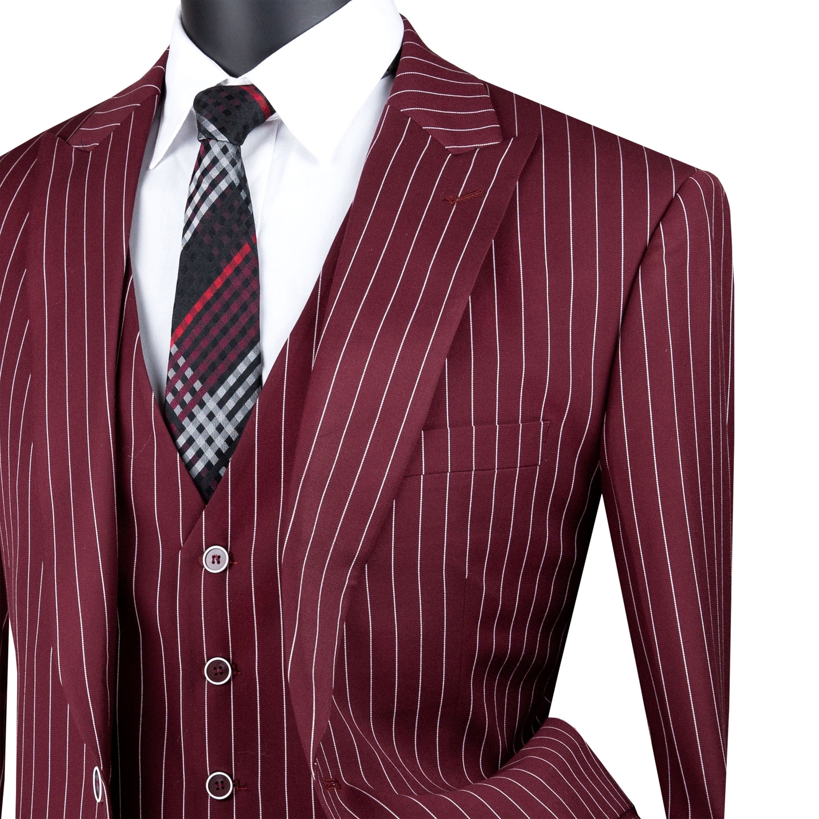 VINCI Men’s Burgundy Gangster Stripe 3-Piece Classic-Fit Suit – NEW
