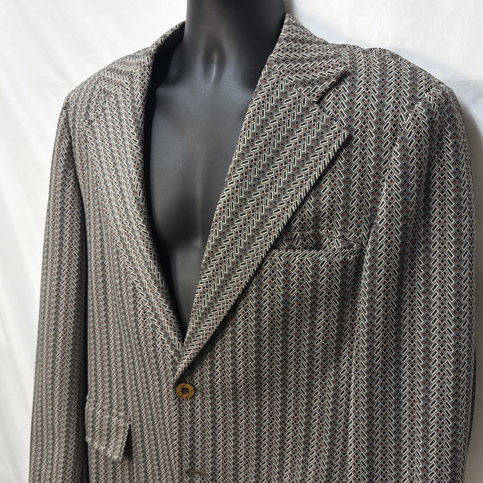 VINTAGE 70S BARONET ABSTRACT HOUNDSDTOOTH JACQUARD SPORT COAT BLAZER 46″ CHEST