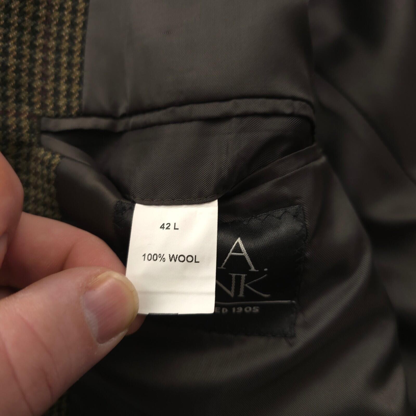 Jos. A. Bank Blazer Mens 42L Olive Green Houndstooth Wool Sport Coat Single Vent