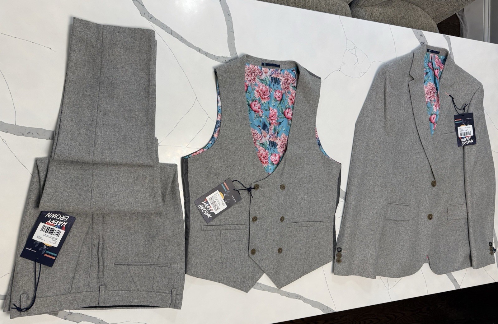 SUMMER TWEED (SOFT TWEED) 40R/34Wx32L SUIT- Harry Brown London -Wool blend Grey