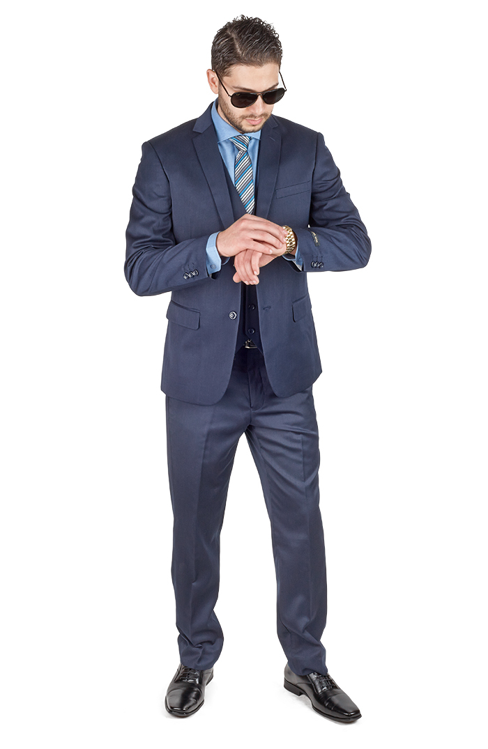 Slim Fit Men Suit 3 Piece Vested Navy Blue Notch Lapel Double Vents By AZAR MAN
