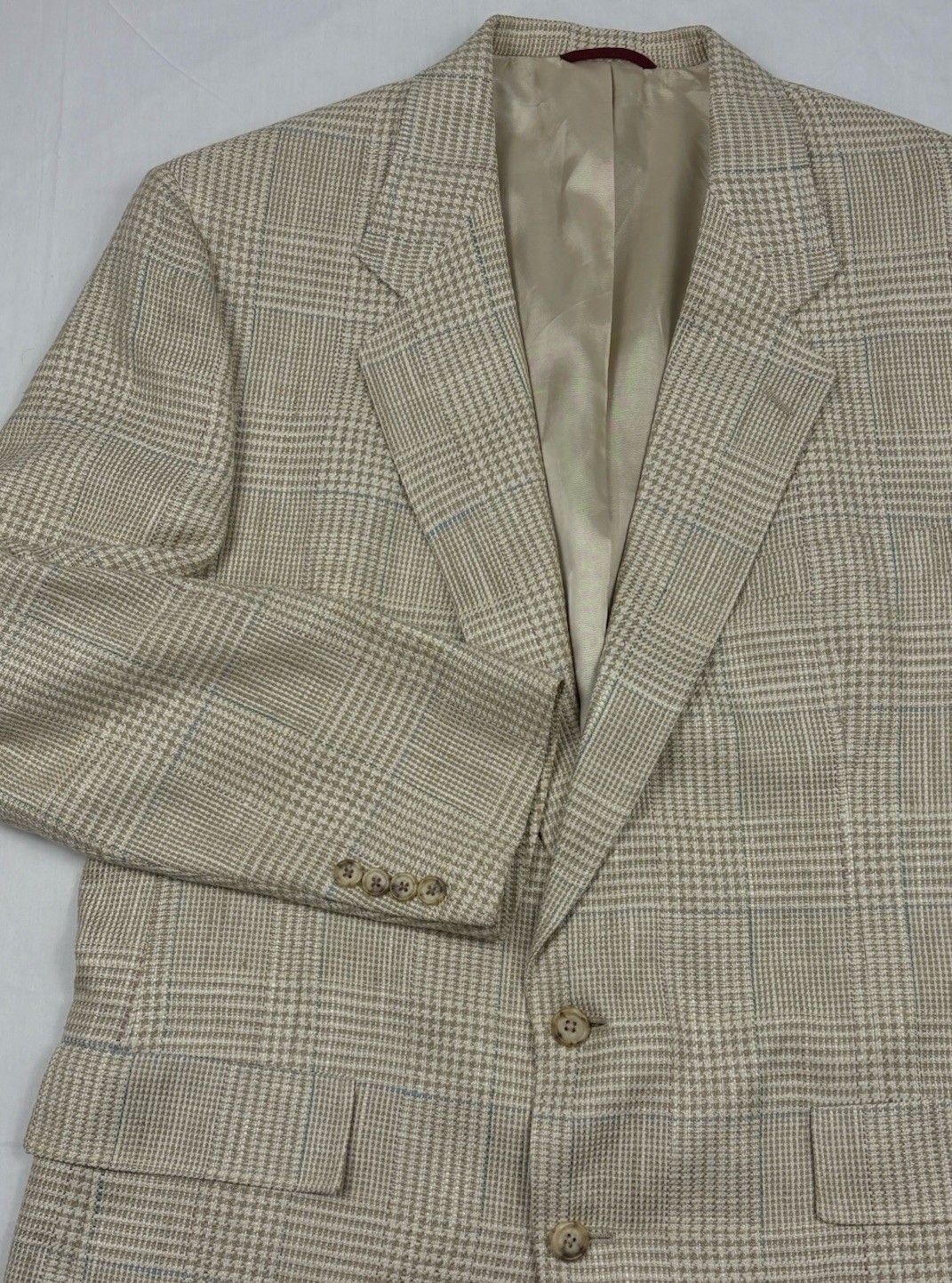 VTG Hart Schaffner Marx 100% Silk Tweed Sport Coat 46L Beige/Ivory Plaid Pastels