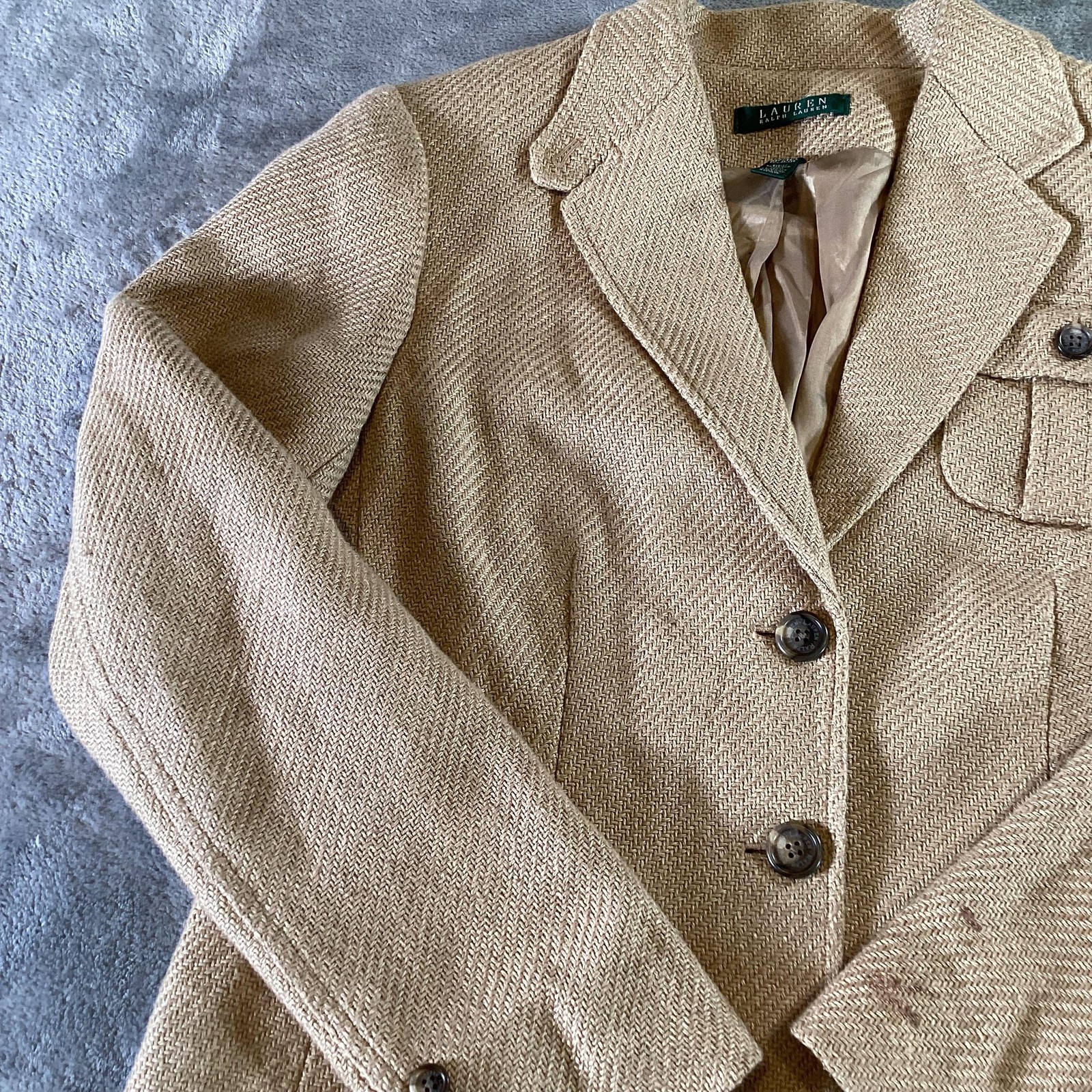 Lauren Ralph Lauren Blazer Mens 10 Tan Linen Herringbone 3 Button Jacket Lined