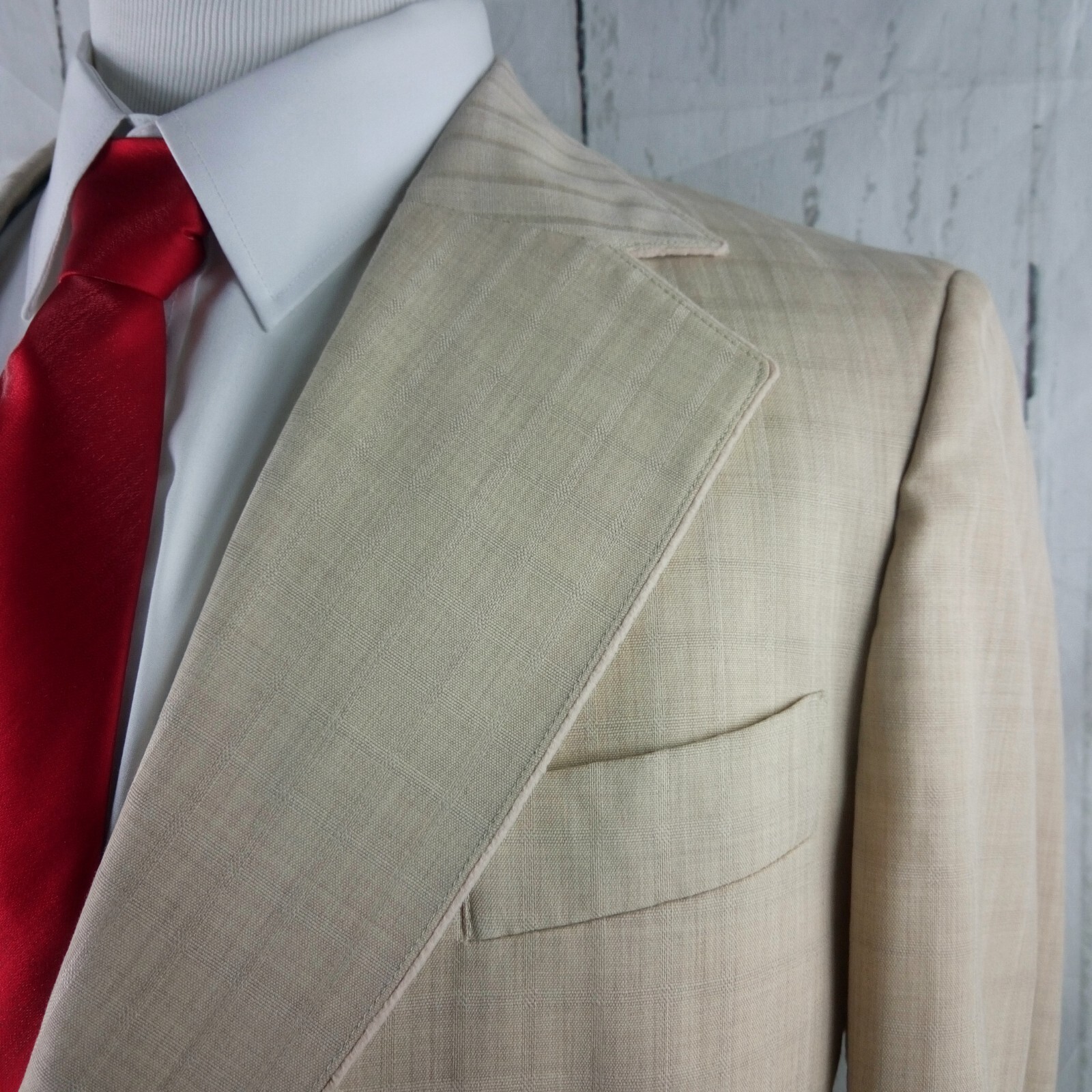 Custom Made 46L 2 Button Beige Stitched Lapel Plaid Suit Blazer Jacket
