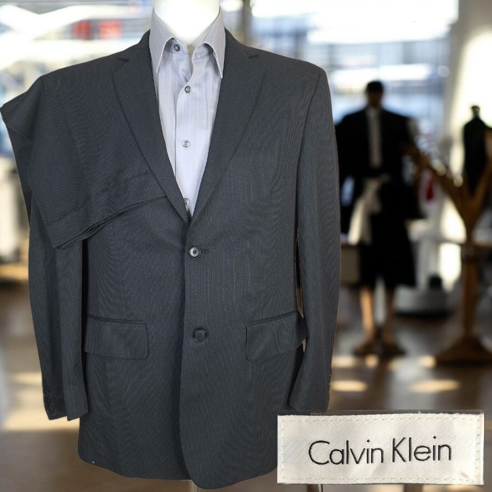 Calvin Klein 2 Piece Suit Mens S 38R 32X29 Dark Gray Stripe Single Vented