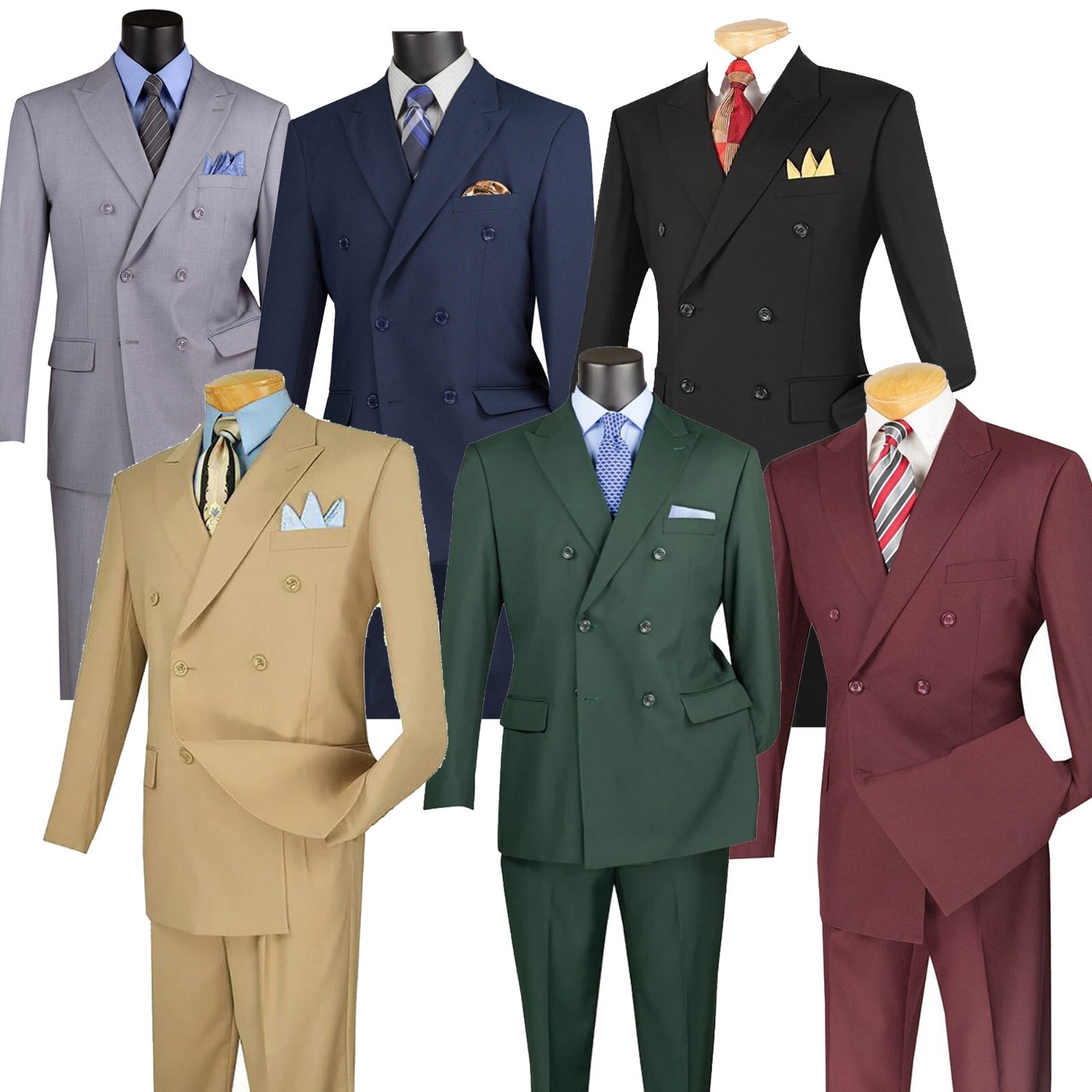 VINCI Black Men Double Breasted Classic Regular Fit Suit Elastic Waist NEW