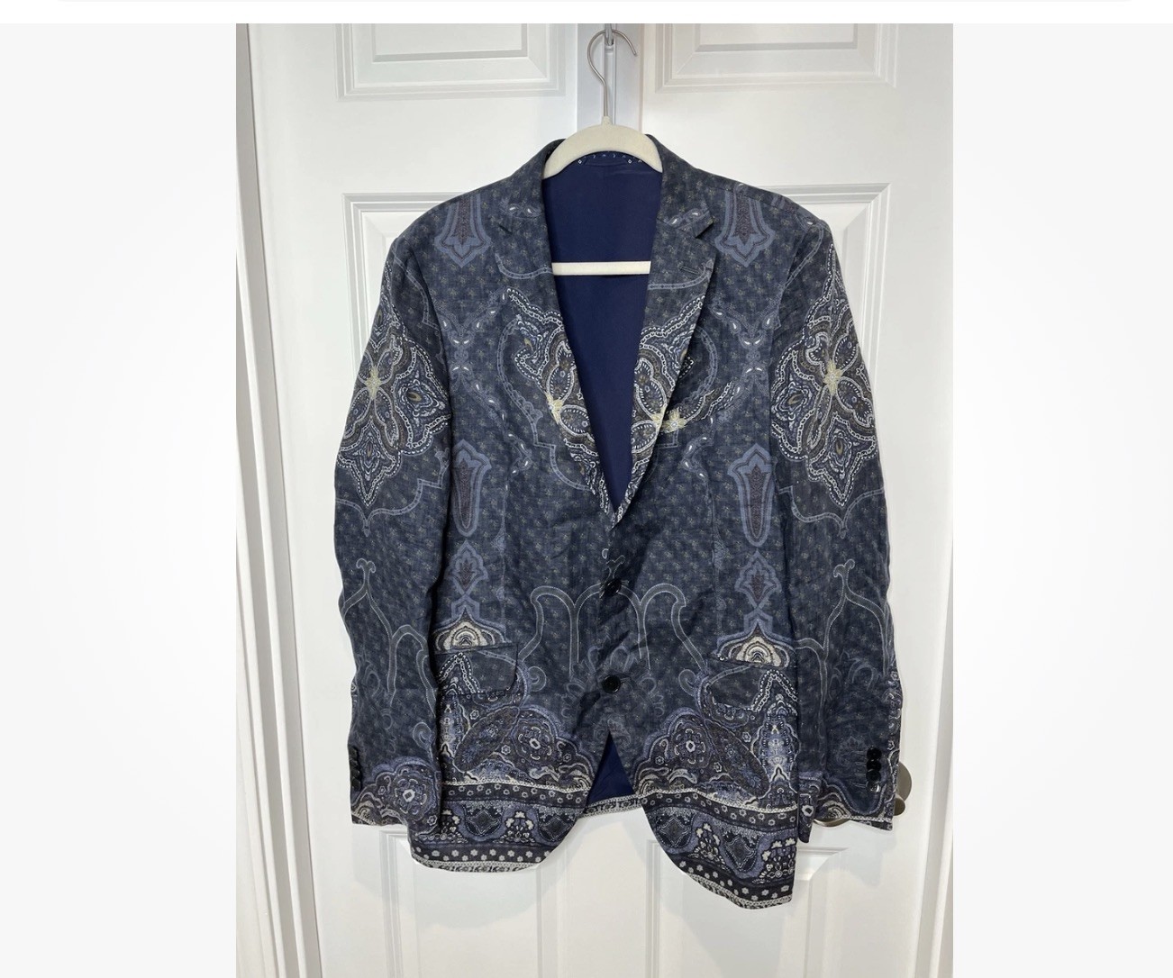 ETRO EU 54 Blue Navy Paisley-Jacquard Silk Blazer US 44 Made In Italy Milano